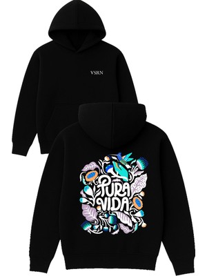 Vsrn Pura Vıda Tasarım Baskılı Oversize Siyah Kapüşonlu Sweatshirt