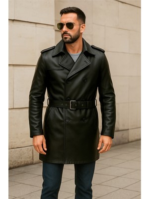 Derije Lugano Hakiki Deri Siyah Trençkot Erkek Kemerli Uzun Kol Düz Desenli Moda Parçası