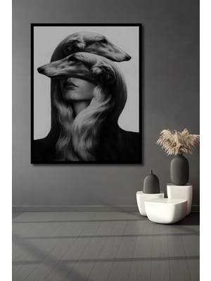 Teona Ahşap Dekoratif Ahşap Dikdörtgen Tablo Köpek Kadın Harmanı Çerçeve Görünümlü
