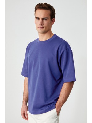 Grimelange Solo Erkek %100 Organik Pamuklu Kalın Dokulu Comfort Fit Bisiklet Yakalı İndigo T-Shirt