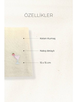 Çilekli Kokteyl Nakışlı Keten Mini Peçete – 15X15 cm | Fincan Altlığı & Kokteyl Peçetesi