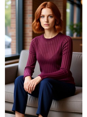 FRM Kadın Moda Şık Regular Bisiklet Yaka Regular Kalıp Örme Transparan Triko Görünümlü Kumaş Boy Bluz