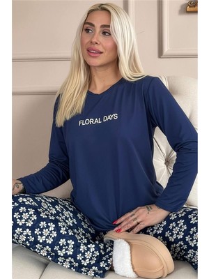 Pijama Evi Lacivert Floral Days Desenli Uzun Kollu Bambu Örme Kadın Pijama Takımı
