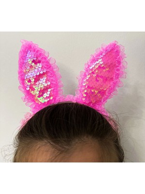 Mena Rise Kenarları Dantelli Fuşya Pullu Payetli LED Işıklı Tavşan Kulak Taç 23X19 cm - Lisinya