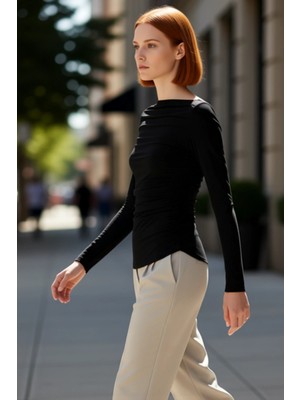 PayBuy Kadın Bordo Kayık Yaka Drapeli Fitted Esnek Örme Uzun Kollu Bluz Smart Casual Günlük ve Gece