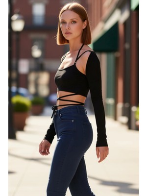 PayBuy Kadın Kemer Detaylı Uzun Kollu Crop Bluz Kaliteli Şık Rahat Modern Zarif Günlük