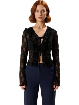 Ersefa Kadınlar Için V Yaka Fırfırlı Bağlama Detaylı Uzun Kollu Bluz Kaliteli Şık Rahat Modern Zarif