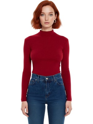 Ersefa Moda Dik Yaka Örme Slim Düz Desen Casual Günlük Regular Uzun Kol Bluz