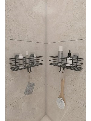 Siyah Banyo Duş Askısı ile 2 Adet Yapışkanlı Kancalı Banyo Rafı