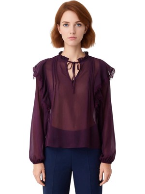 Ersefa Kadın Bluz Şifon Kumaş Transparan Detaylar Dantel Süslemeler Balon Kol Tasarım Kaliteli Şık