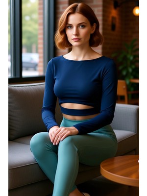 FRM Kadın Crop Bisiklet Yaka Fitted Kalıp Örme Pencere Cut Out ve Baş Parmak Delik Detaylı Spor Üst Bluz