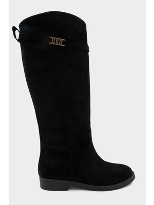 Laminta Hunt Siyah Süet Çıkarılabilir Toka Detaylı Çizme