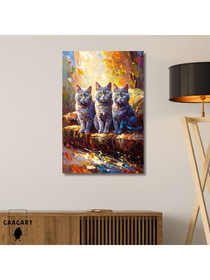 Gaagart Tekli Dikey Kanvas Tablo Yağlı Boya Görünümlü Koltukta Oturan Gri Kediler