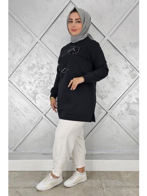 Pys Giyim Kadın Dikme Çiçek ve Taş Detaylı Tesettür Tunik