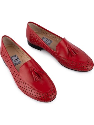 Emel Ayakkabı 975 Modern Püsküllü Rahat Yumuşak Hakiki Deri Babet 975 Kırmızı