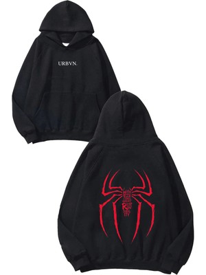 Urbvn Spider Responsibility Tasarım Baskılı Oversize Siyah Kapüşonlu Sweatshirt