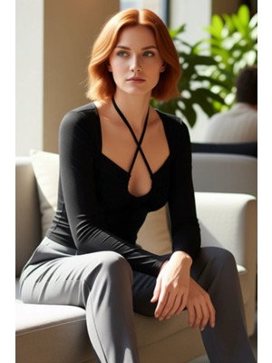 FRM Moda Boyundan Bağlamalı Örme Slim Düz Desen Casual Günlük Regular Uzun Kol Bluz