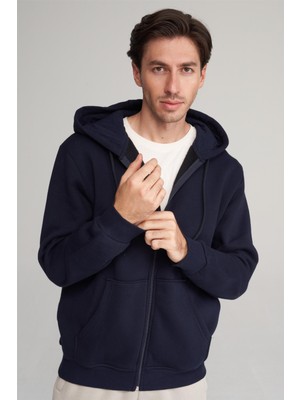 Çetinkaya Mentality 3034 Erkek 3 Iplik Kapüşonlu Fermuarlı Sweatshirt Lacivert
