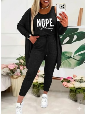 Tua Moda Kadın Askılı Yuvarlak Yaka Yazılı Viskon Iki Iplik Bluz Ceket ve Pantolon 3lü Takım