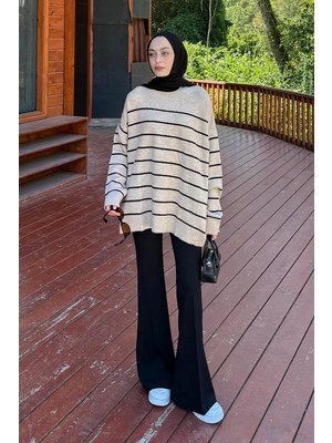 Lamelif Çizgili Triko Kazak Bej