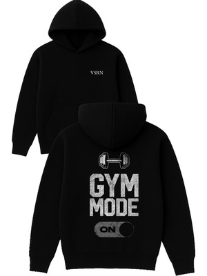Vsrn Gym Mode On Tasarım Baskılı Oversize Siyah Kapüşonlu Sweatshirt