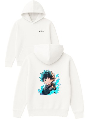 Vsrn Mavi Ates Anime Tasarım Baskılı Oversize Beyaz Kapüşonlu Sweatshirt