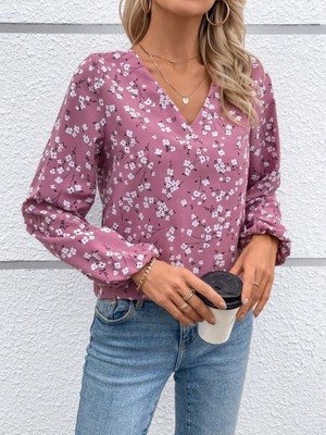 Gökyüzü Moda Kadın Uzun Kollu V Yakalı Çiçek Desenli Modal Bluz
