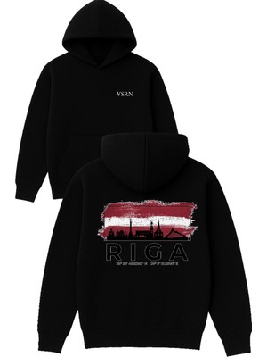 Vsrn Rıga Tasarım Baskılı Oversize Siyah Kapüşonlu Sweatshirt