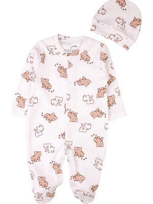 Yenidoğan Bebek Tulum Şapka Ayıcık Desenli Yenidoğan Kıyafeti