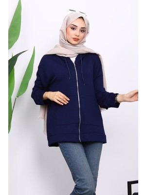İmaj Butik Lacivert Kapşonlu Fermuarlı Modal Sweat Hırka