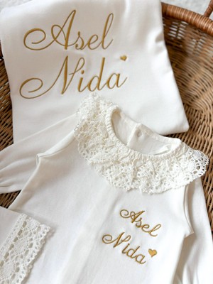 Isimli Dantelli Yenidoğan Seti Isme Özel Nakış Güpürlü Hastane Çıkışı Seti
