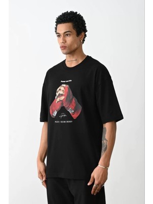 Moda Unisex Baskılı Oversize T-Shirt - Siyah