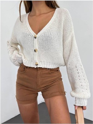 Ribana Classic Kadın Örme Düğme Detaylı Kısa Triko Hırka