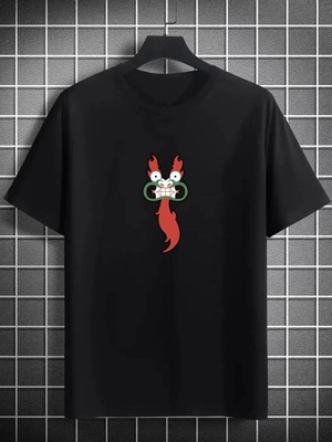 Moda Unisex Bisiklet Yaka Baskılı Oversize T-Shirt - Siyah
