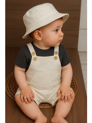 Dinamik çocuk Salopet Safari Şapkalı Badili Rahat Beden Yazlık 3lü Erkek Bebek Takım/tulum