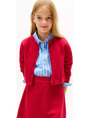 Tommy Hilfiger Kız Çocuk Slim Fit Pullu Bisiklet Yaka Hırka - Kırmızı