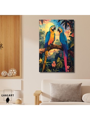 Gaagart Tekli Dikey Kanvas Tablo Ağaç Dalında Iki Papağan Renkli
