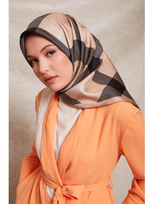 Lêvi D'or Kahve Noktalı Kareli Twill İpek Eşarp