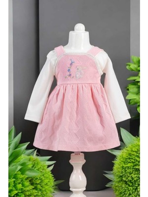 Dinamik çocuk Tavşan Nakışlı Badili Elbise 0-2 Yaş Kendinden Desenli Pike Kumaş