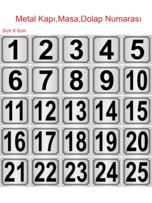 Outdoor One Metal Kapı,Masa,Dolap Numarası 5cmx5cm 25 Adet (1..25) Gümüş Renk Metal 002