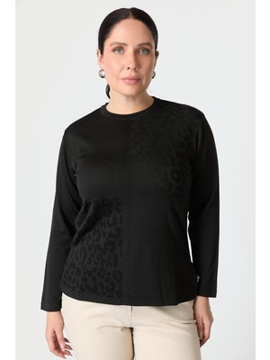 Accort Büyük Beden Leopar Desenli Triko Kazak-Siyah