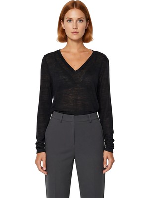Ersefa Kadın Cool & Comfort Tarzı V Yaka Uzun Kollu Polyester Örme Bluz Regular Kalıp Ince Kumaş Kış