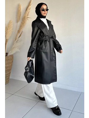 Julude Tesettür Çift Cepli Bel Kuşaklı Astarlı Suni Deri Trençkot P-00018920