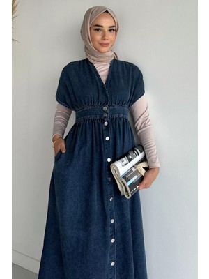 Julude V Yaka Boydan Düğmeli Jean Kot Tesettür Elbise P-00018906