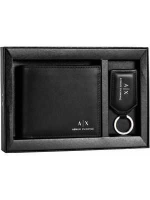 Armani Exchange Erkek Yazı Logolu Cüzdan ve Anahtarlık Seti - Siyah