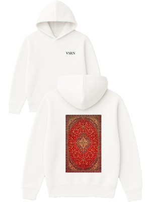 Vsrn Eski Türk Halı Deseni Tasarım Baskılı Oversize Beyaz Kapüşonlu Sweatshirt