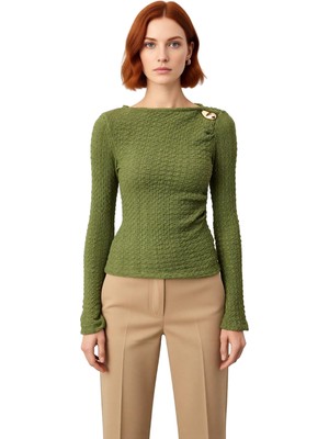 Ersefa Kadın Vücuda Oturan Dokulu Uzun Kollu Asimetrik Yaka Örme Bluz Kaliteli Şık Rahat Modern Zarif