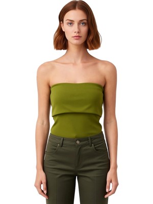Ersefa Yandan Fermuarlı Krep Örme Straplez Bluz Premium Kalite Modern Stil
