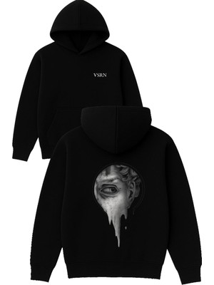 Vsrn Delikten Bakan Göz Tasarım Baskılı Oversize Siyah Kapüşonlu Sweatshirt