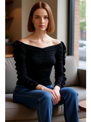 FRM Kadın Uzun Kollu Carmen Yaka Büzgülü Üst Kaliteli Şık Rahat Modern Zarif Günlük